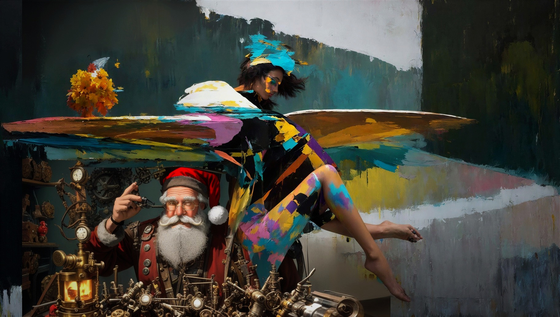 Santa Claus with Invention and Female Artist Painting