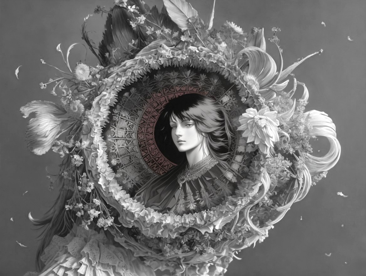 Monochrome Portrait with Floral Design