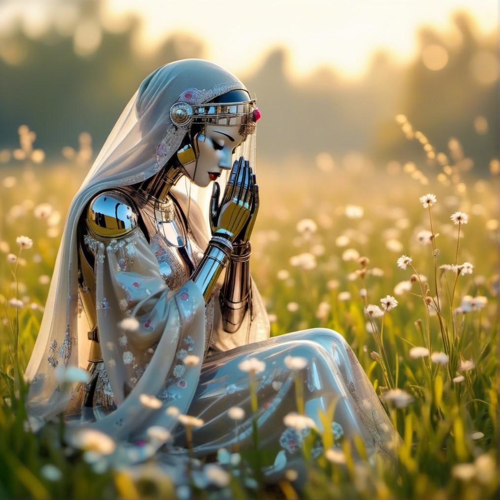 Robotic Figure in Wildflower Field with Prayer Pose