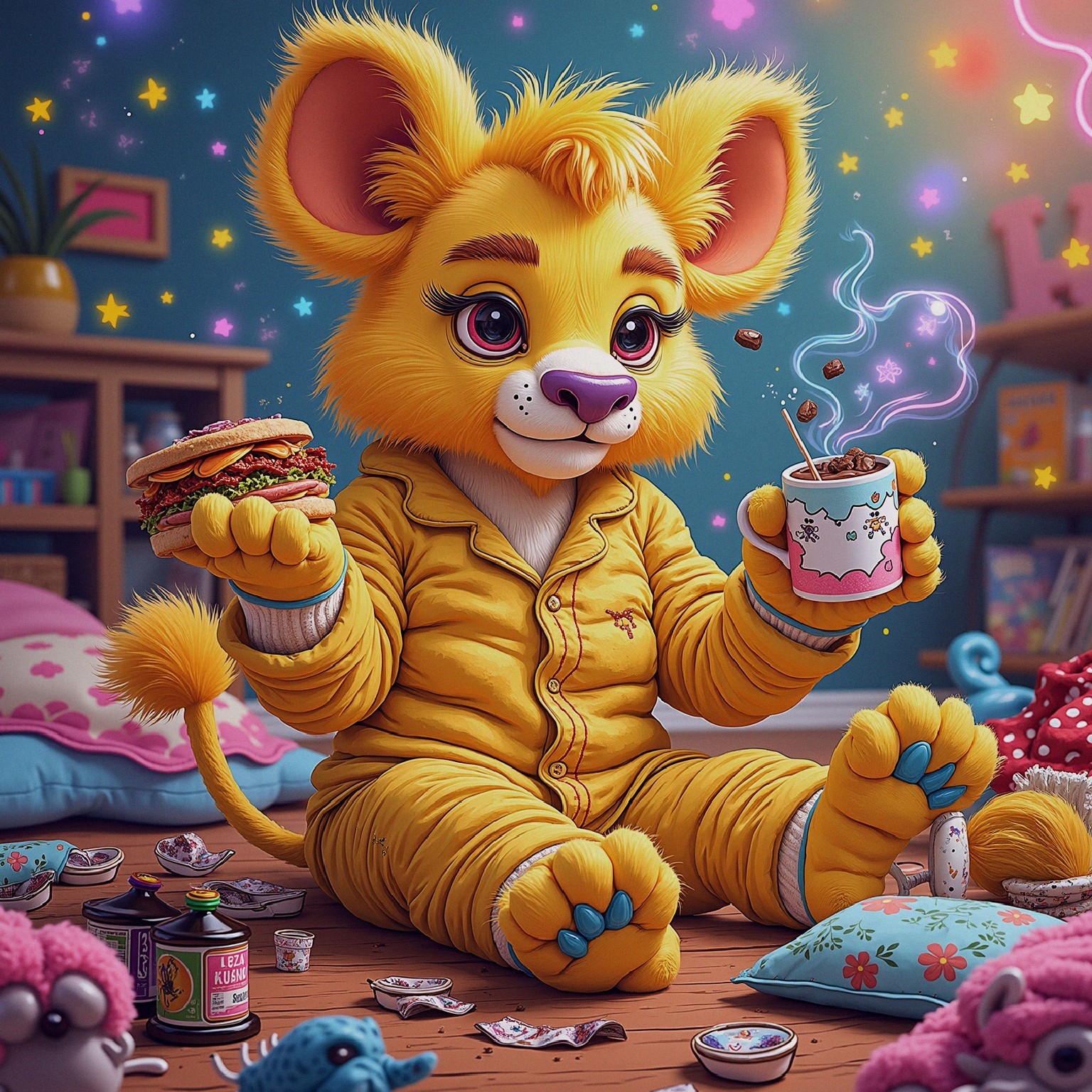 Cheerful Lion Character in Cozy Pajamas with Snacks
