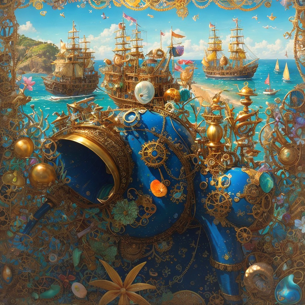 Whimsical Seascape with Detailed Ships and Diving Helmet