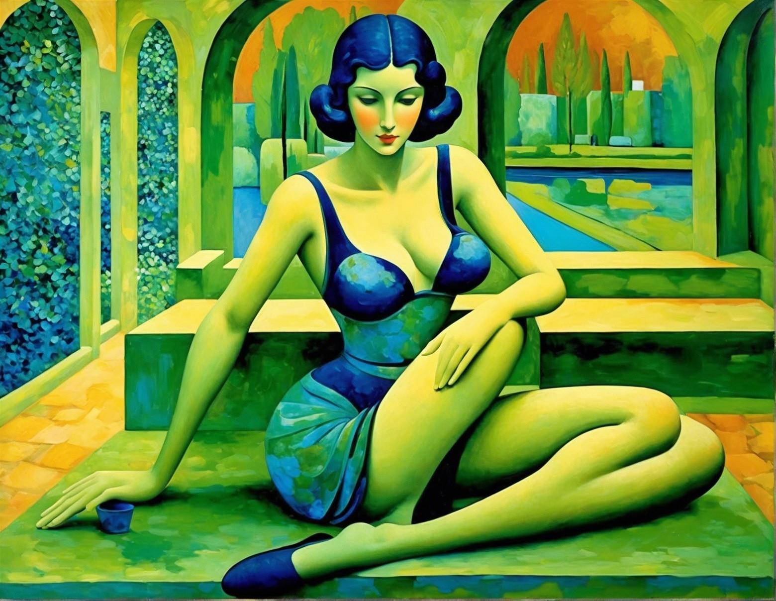 Stylized Green-Hued Woman in Serene Garden Setting