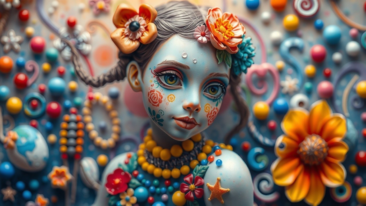 Vibrant Art of Girl with Floral Accessories and Tattoos