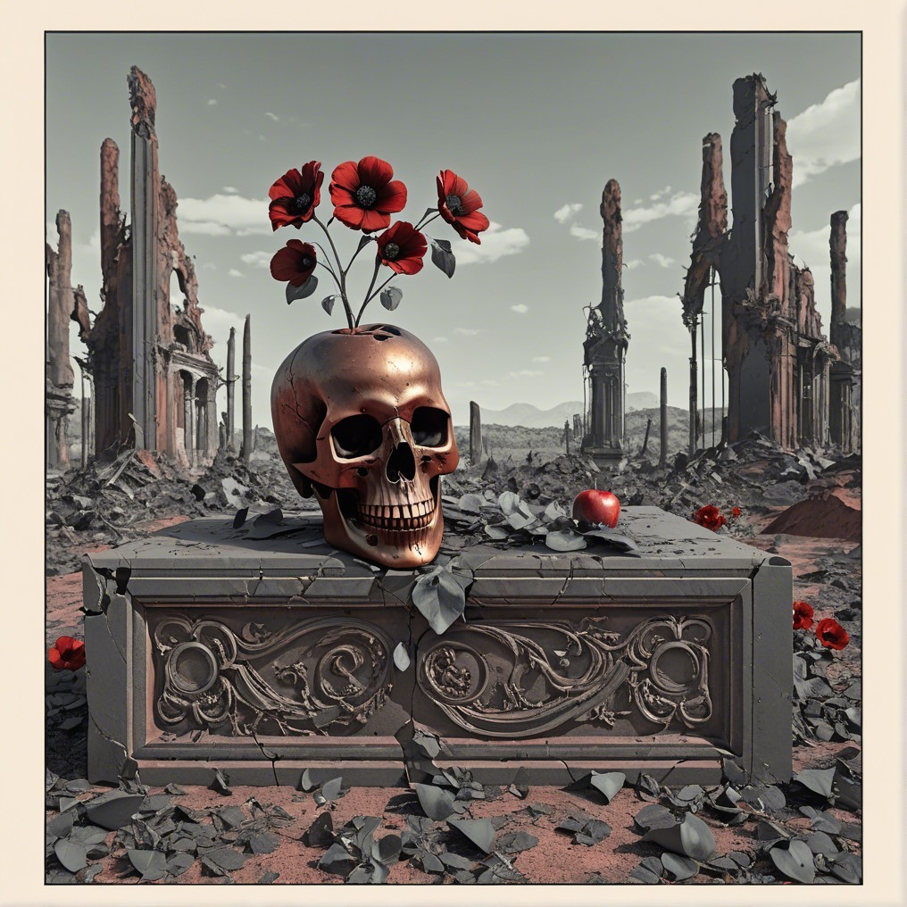 Polished Skull in Ruins with Red Poppies and Apple