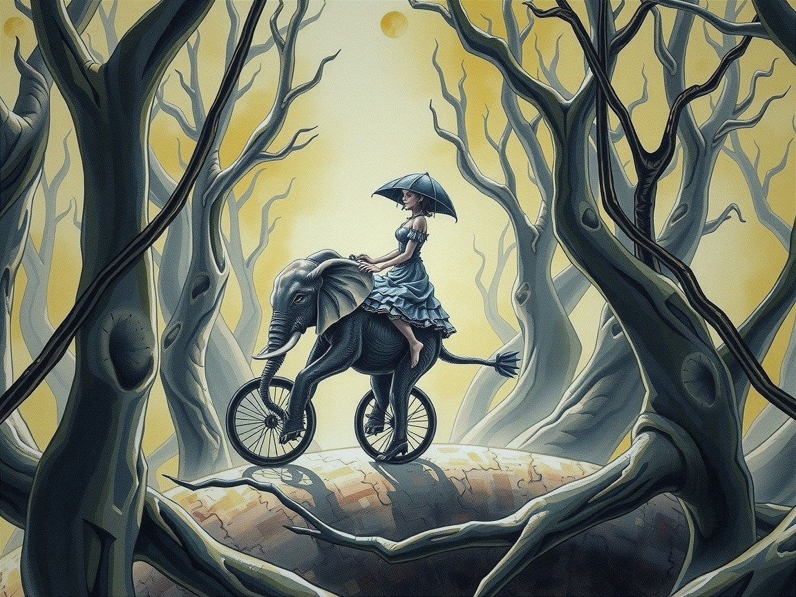 Surreal Scene of a Girl Riding an Elephant on a Bicycle