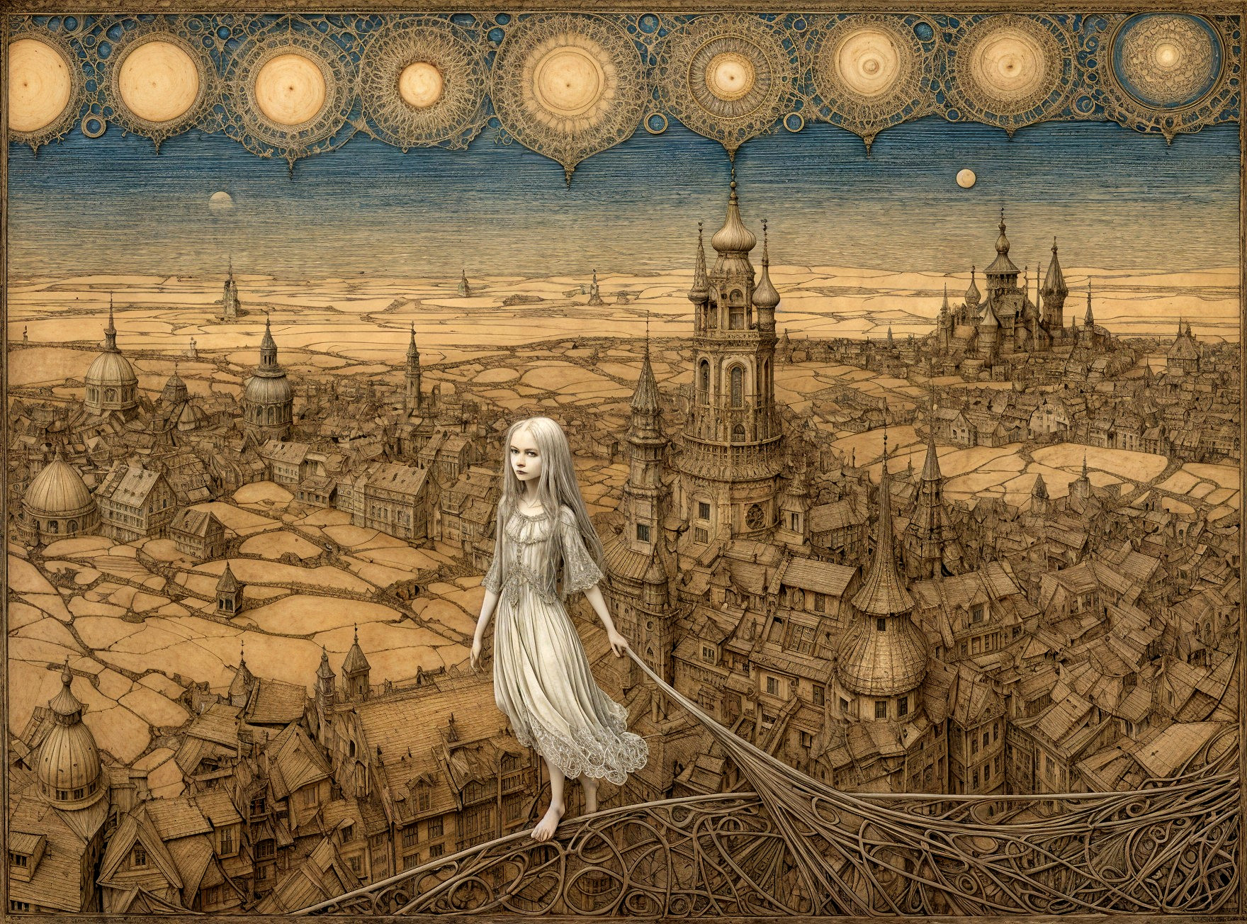 Pale Figure in White Dress in Mystical Cityscape