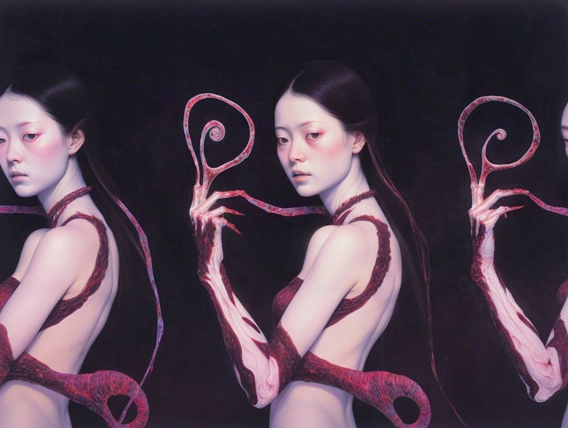 Surreal Figure with Eerie Tendrils in Dark Setting