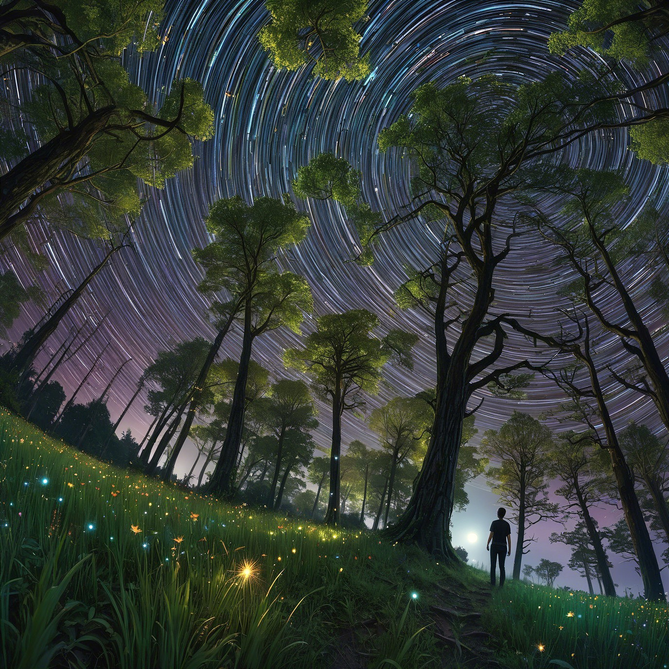 Magical Forest Scene with Ethereal Light and Fireflies