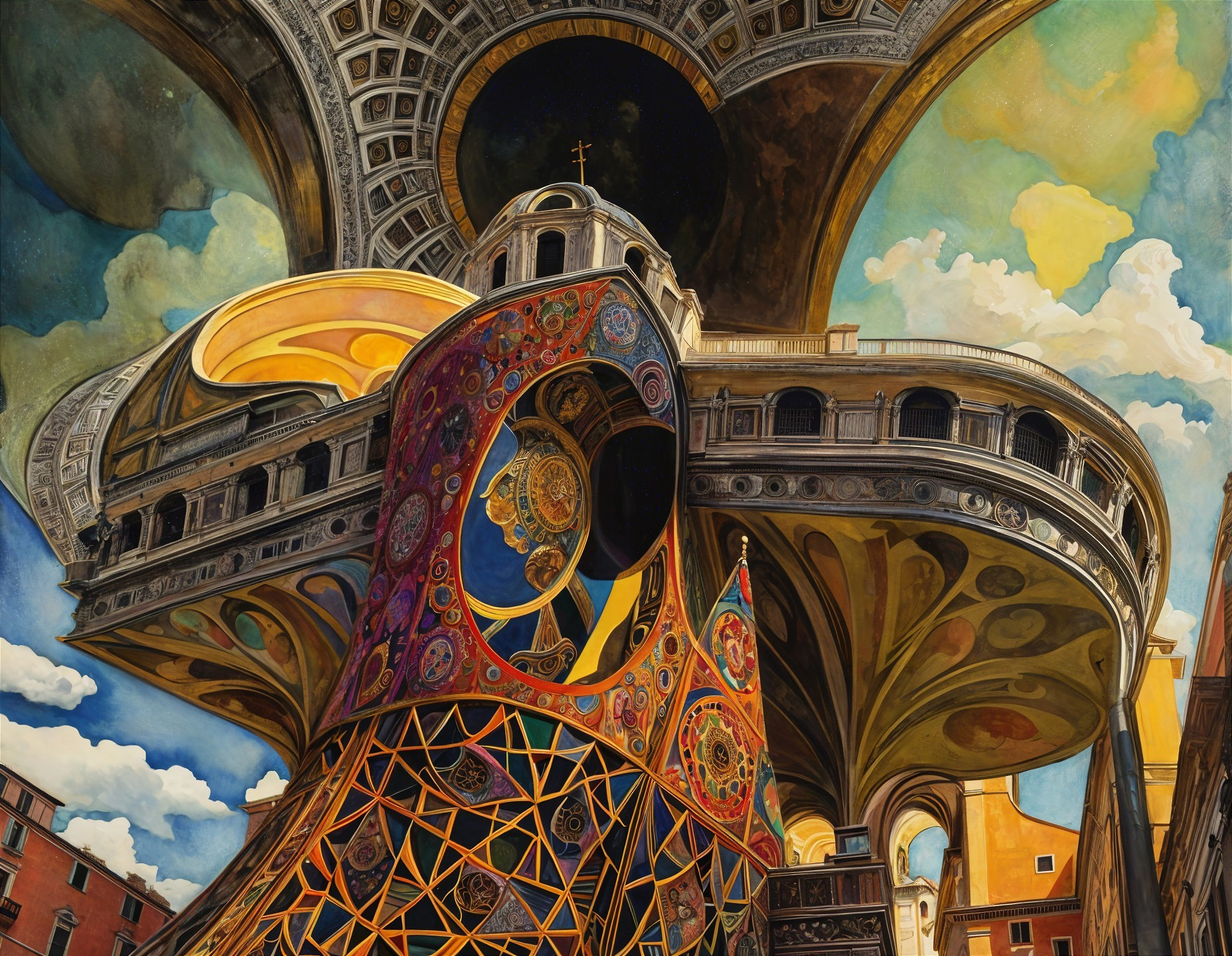 Imaginative Architectural Scene with Vibrant Patterns
