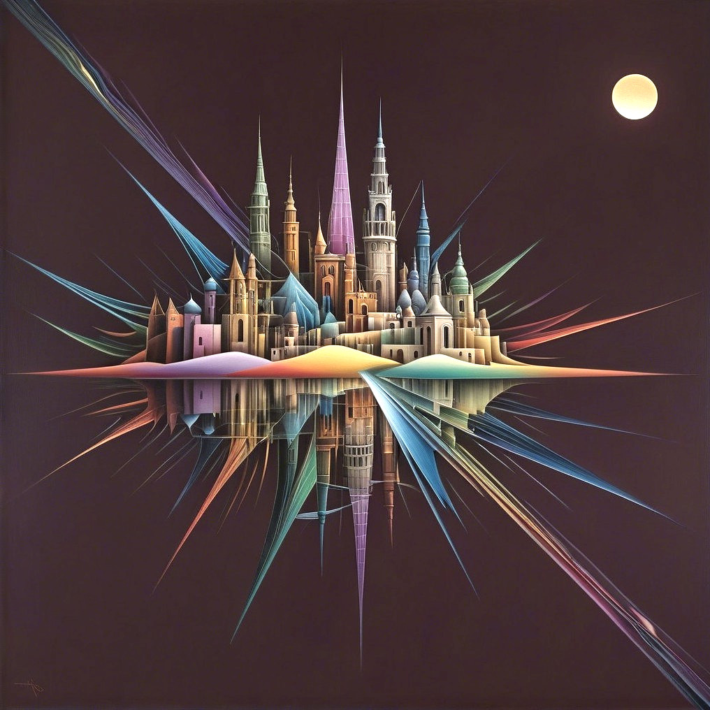 Surreal Cityscape with Pastel Towers and Moonlit Water