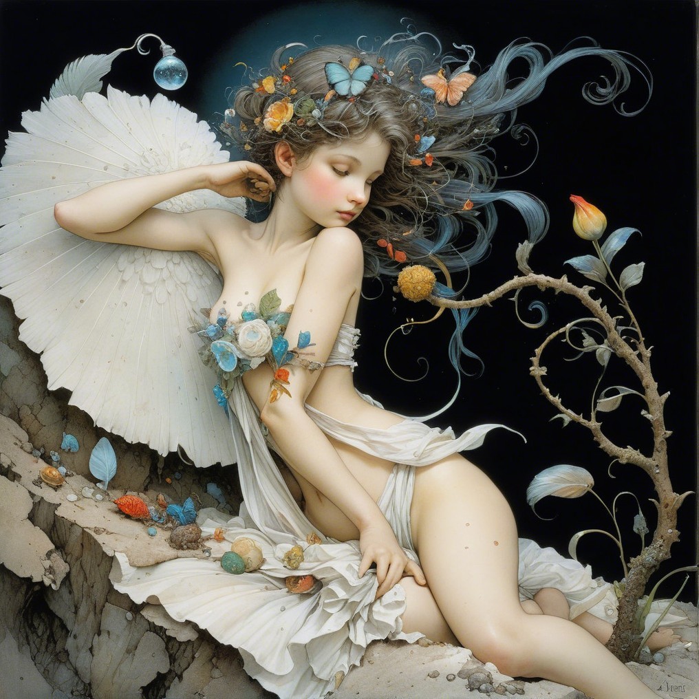 Serene Figure in Dreamy Landscape with Cosmic Background
