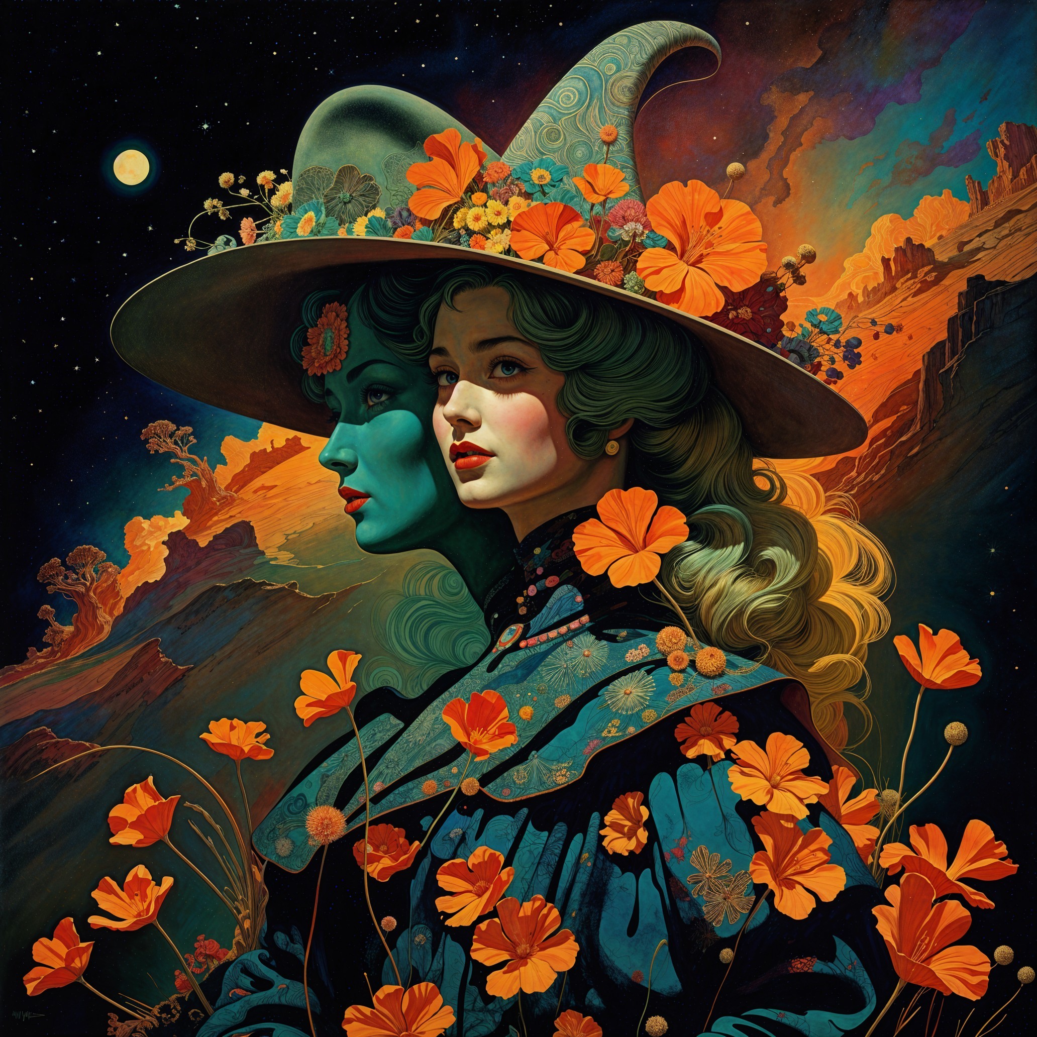 Mystical Artwork of Intertwined Female Faces and Nature