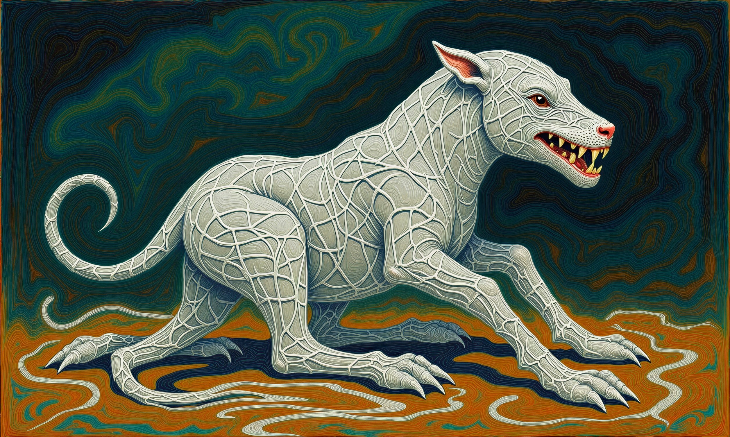 Stylized depiction of a white dog-like creature