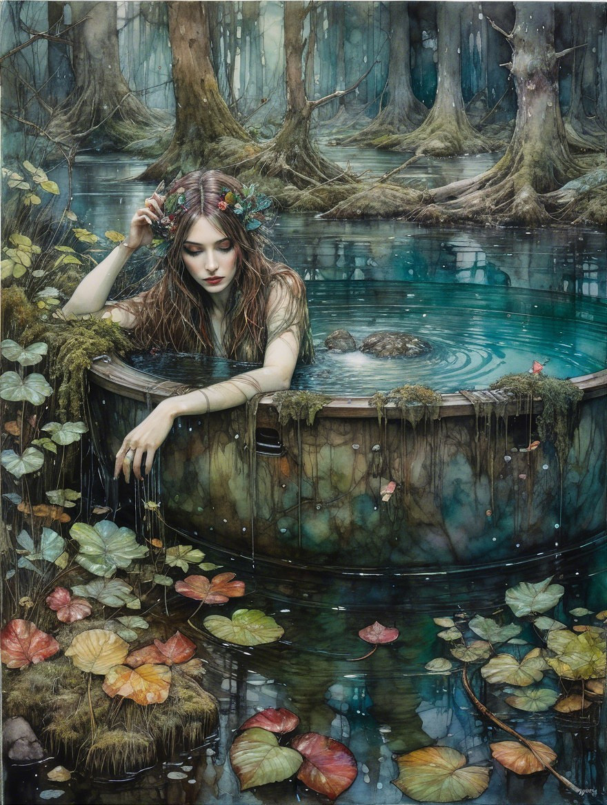 Serene Maiden in Wooden Tub Surrounded by Nature