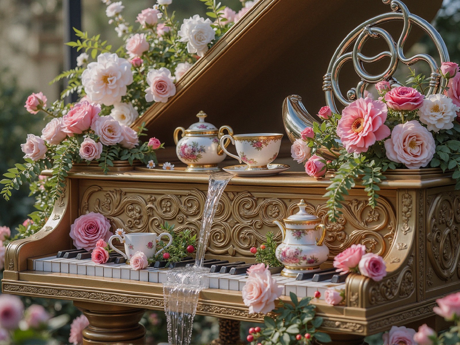 Golden Piano Decorated with Pink Roses and Teacups