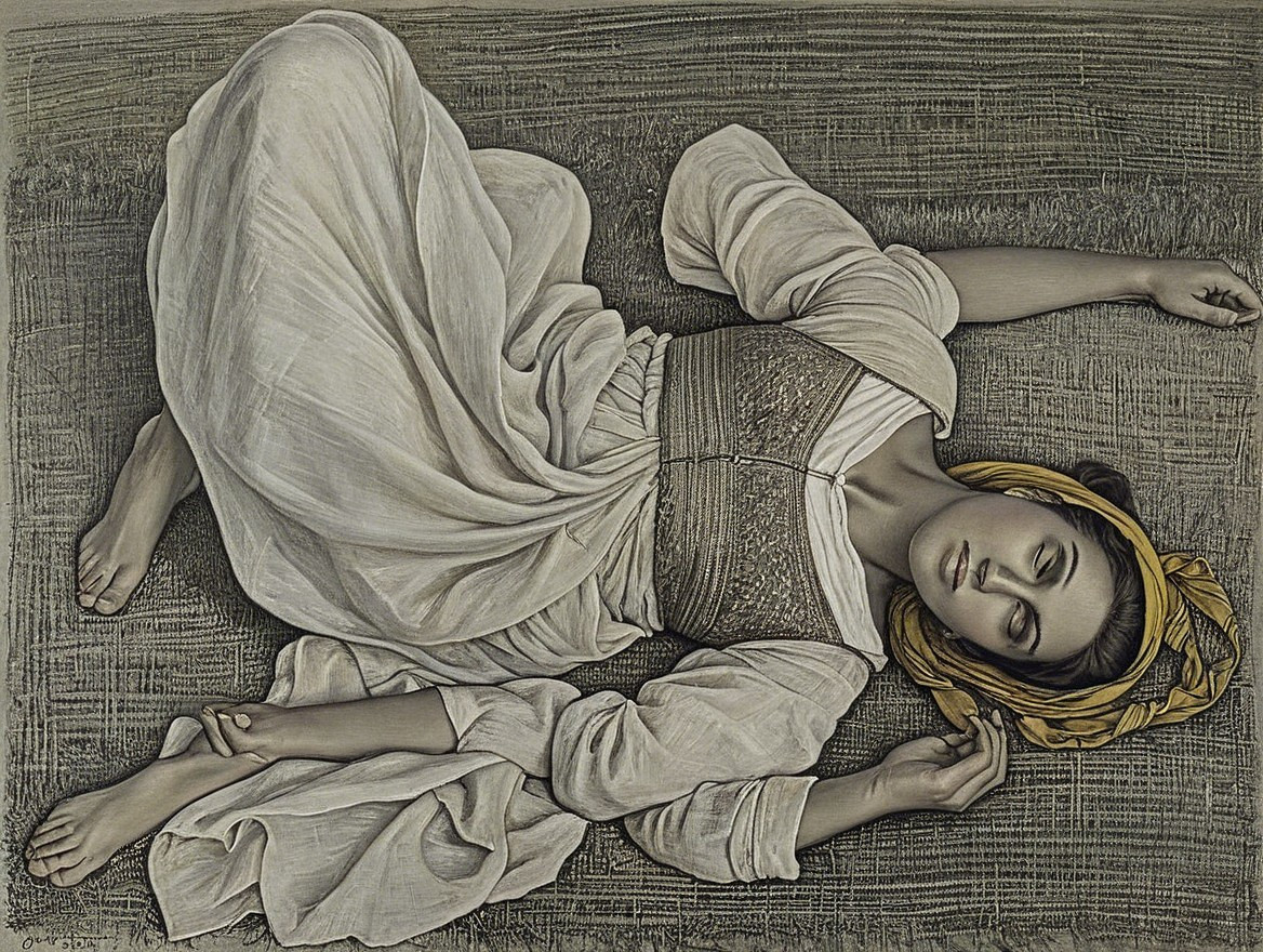 Ethereal Figure in White Gown with Yellow Scarf