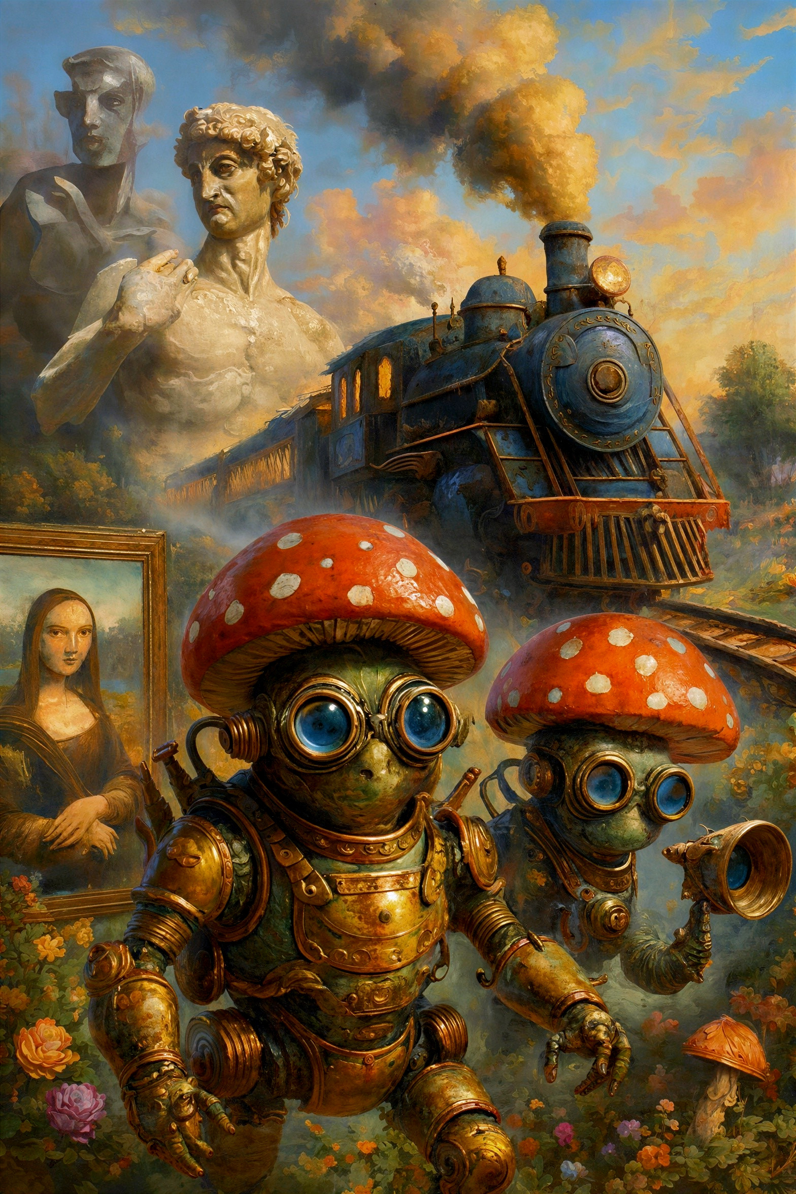 Surreal Oil Painting Featuring Classical Statues and Train