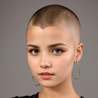 Person with buzz cut and hoop earrings at ancient temple