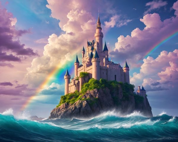 Castle on Cliff with Waves and Double Rainbow Sky