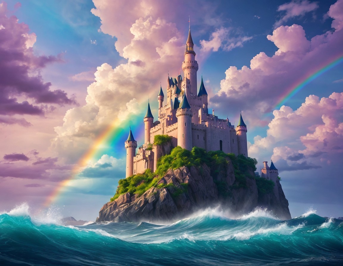 Castle on Cliff with Waves and Double Rainbow Sky