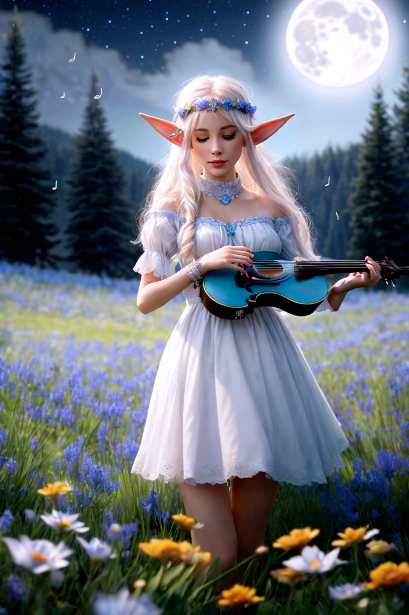 Fantasy elf playing violin in moonlit meadow with blue and yellow flowers