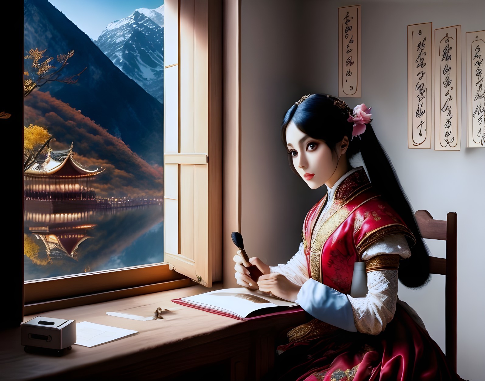 Animated Woman in Traditional Attire Writing at Table