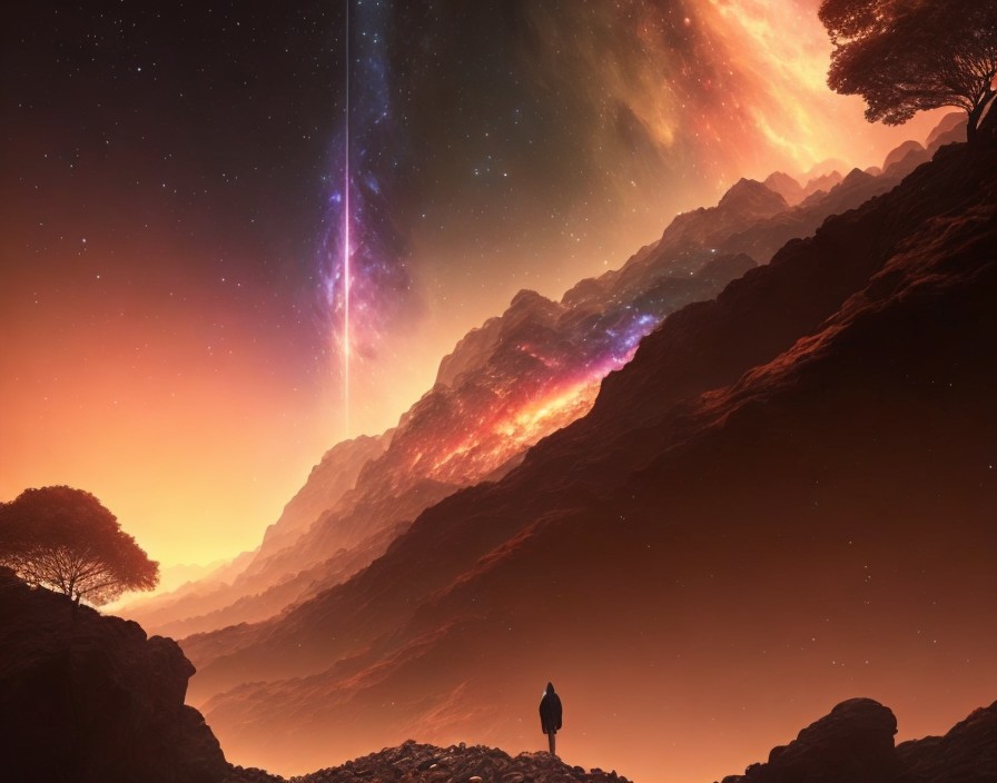 Person Contemplating Cosmic Vista with Nebulae and Shooting Star
