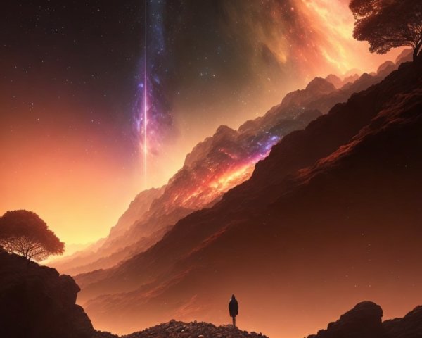 Person Contemplating Cosmic Vista with Nebulae and Shooting Star