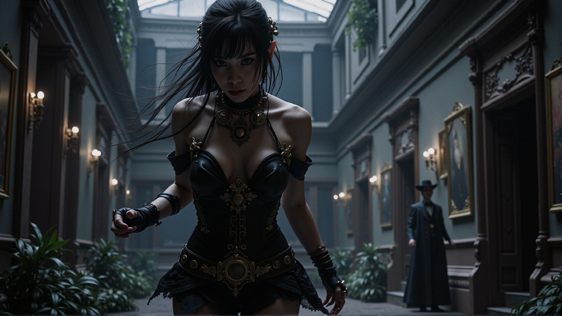 Gothic Corridor with Figure in Black Corset and Mystery