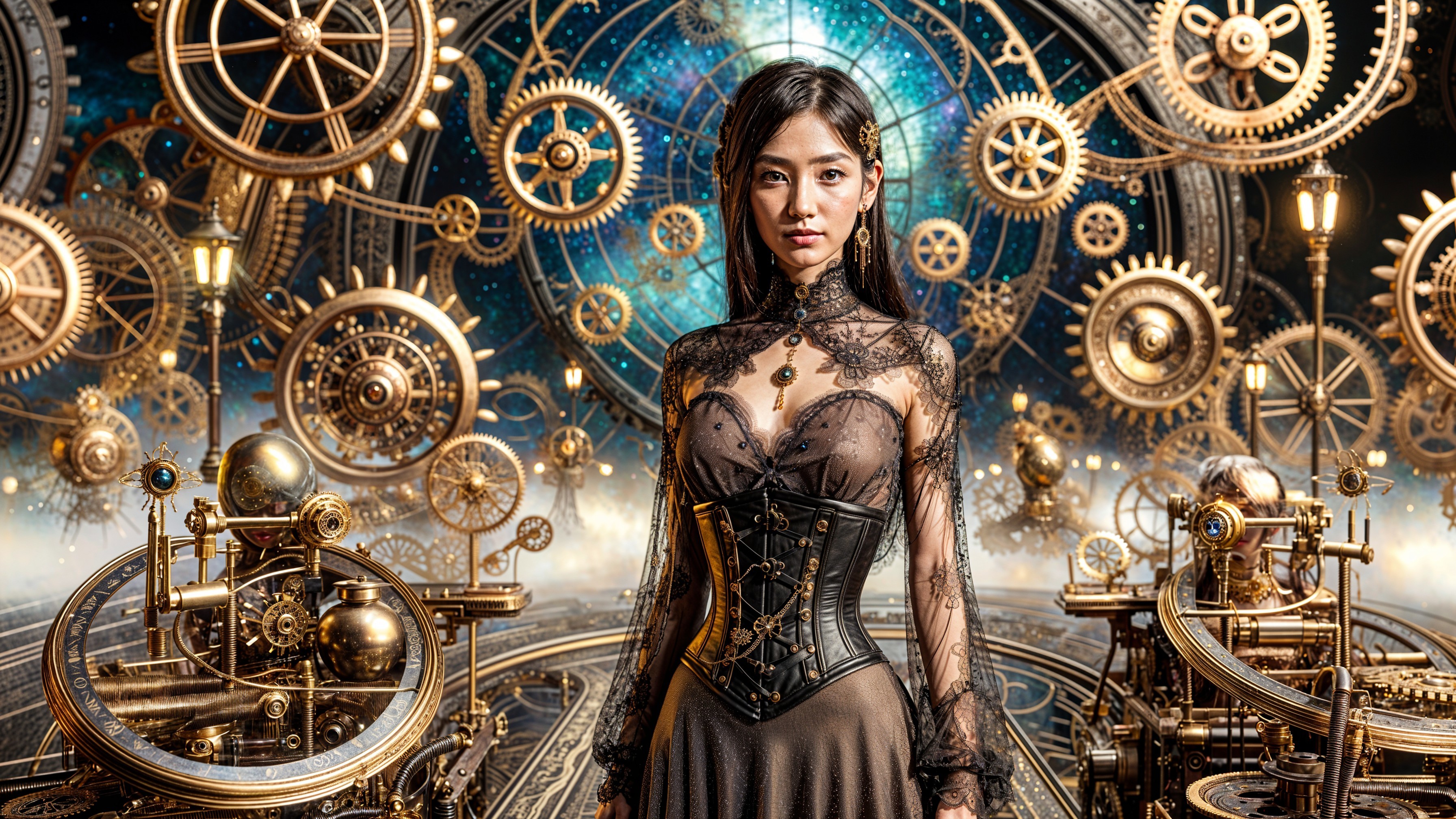 Steampunk Scene with Woman in Lace Dress and Gears