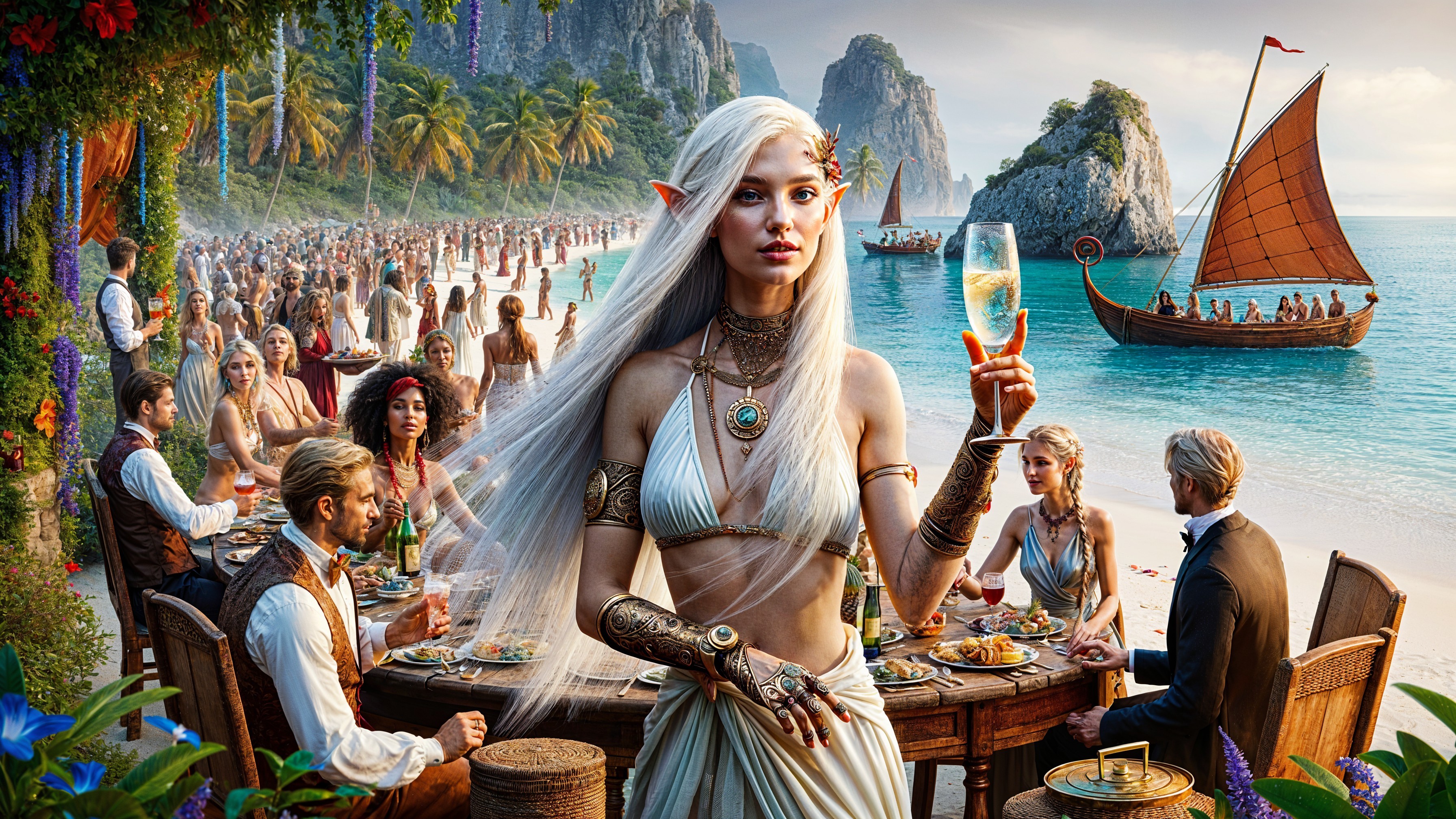 Mystical Beach Scene with Elegant Elf and Feast