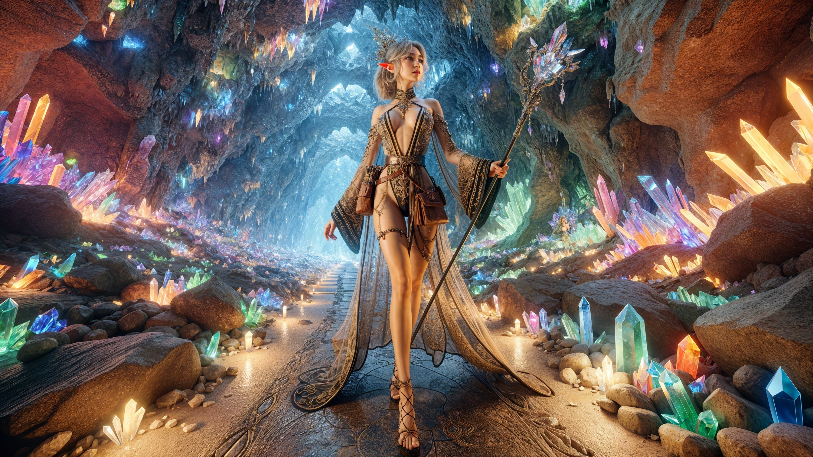Elven Figure in a Mystical Crystal Cave with Staff
