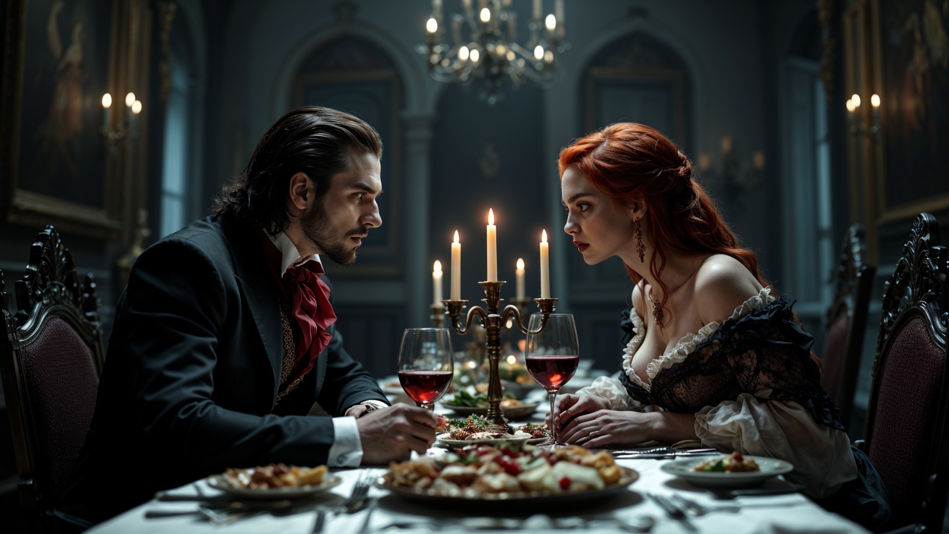 Elegant Dining Room with Intense Couple and Gourmet Dishes