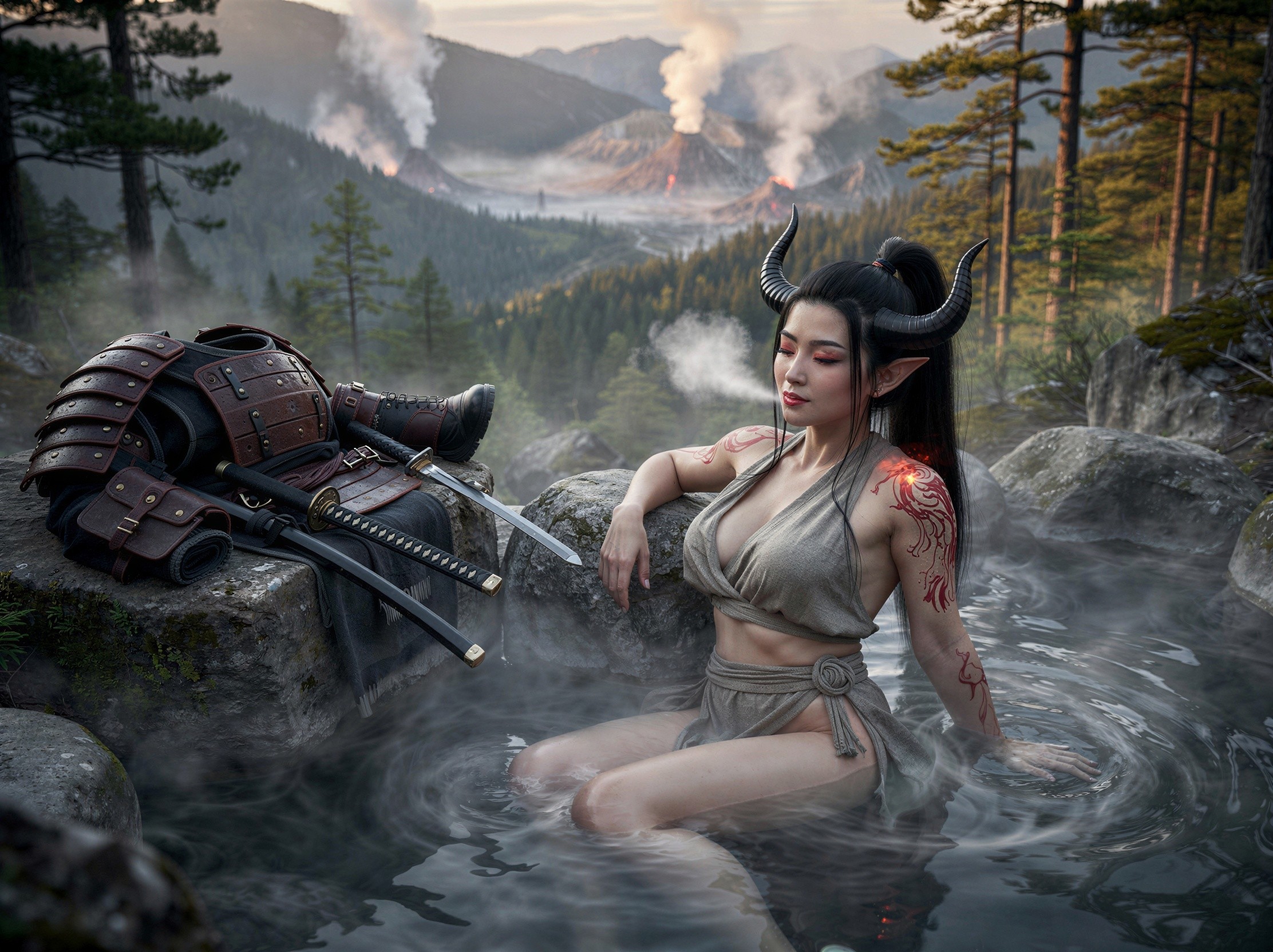 Succubus in Toga at Hot Spring with Mountain View