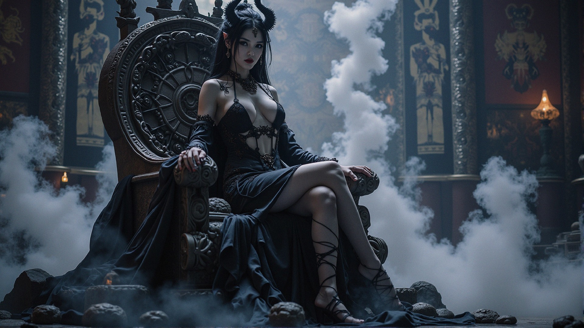 Mystical Figure on Ornate Throne in Dark Setting