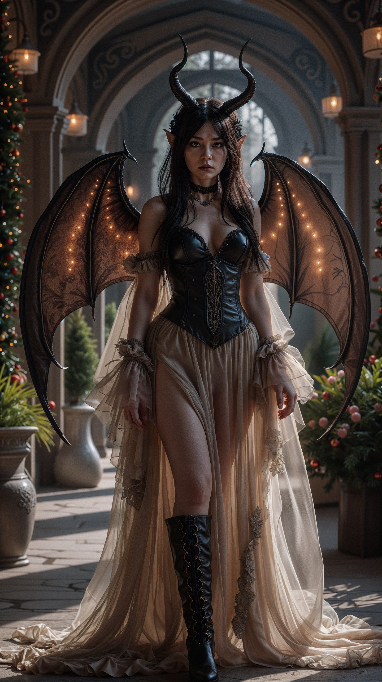 Young woman with dark wings in festive garden setting