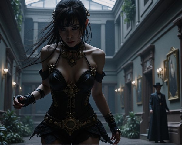 Gothic Corridor with Figure in Black Corset and Mystery