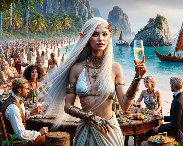 Mystical Beach Scene with Elegant Elf and Feast