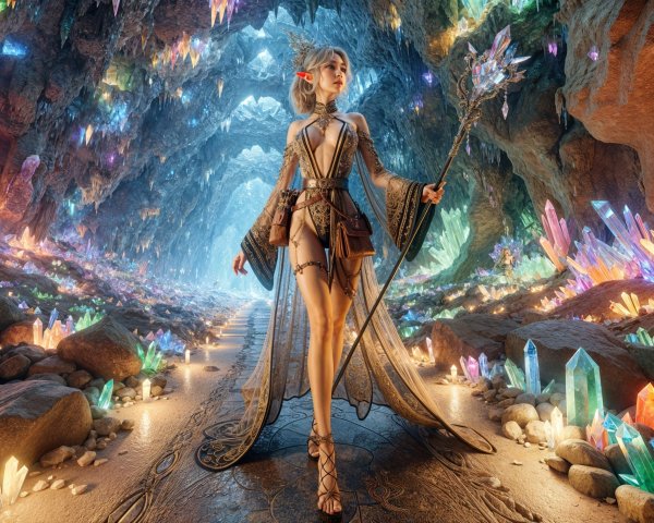 Elven Figure in a Mystical Crystal Cave with Staff