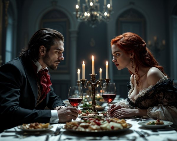 Elegant Dining Room with Intense Couple and Gourmet Dishes