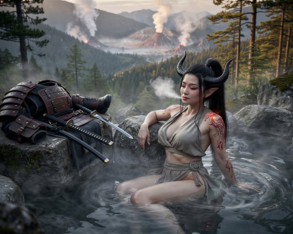 Succubus in Toga at Hot Spring with Mountain View