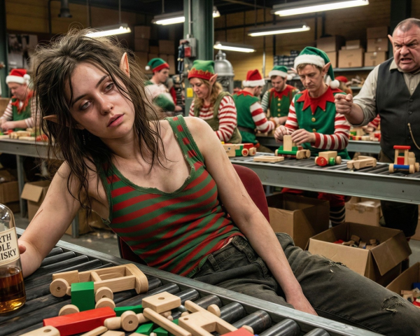 Gloomy Elf with Whisky Amid Busy Workshop Scene