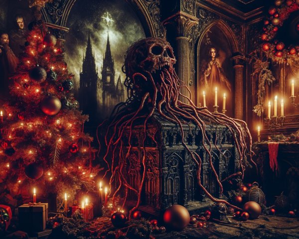 Sinister Figure Over Dark Altar in Ornate Room