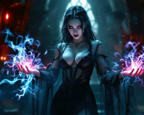 Dark Sorceress Casting Magic at a Gothic Castle
