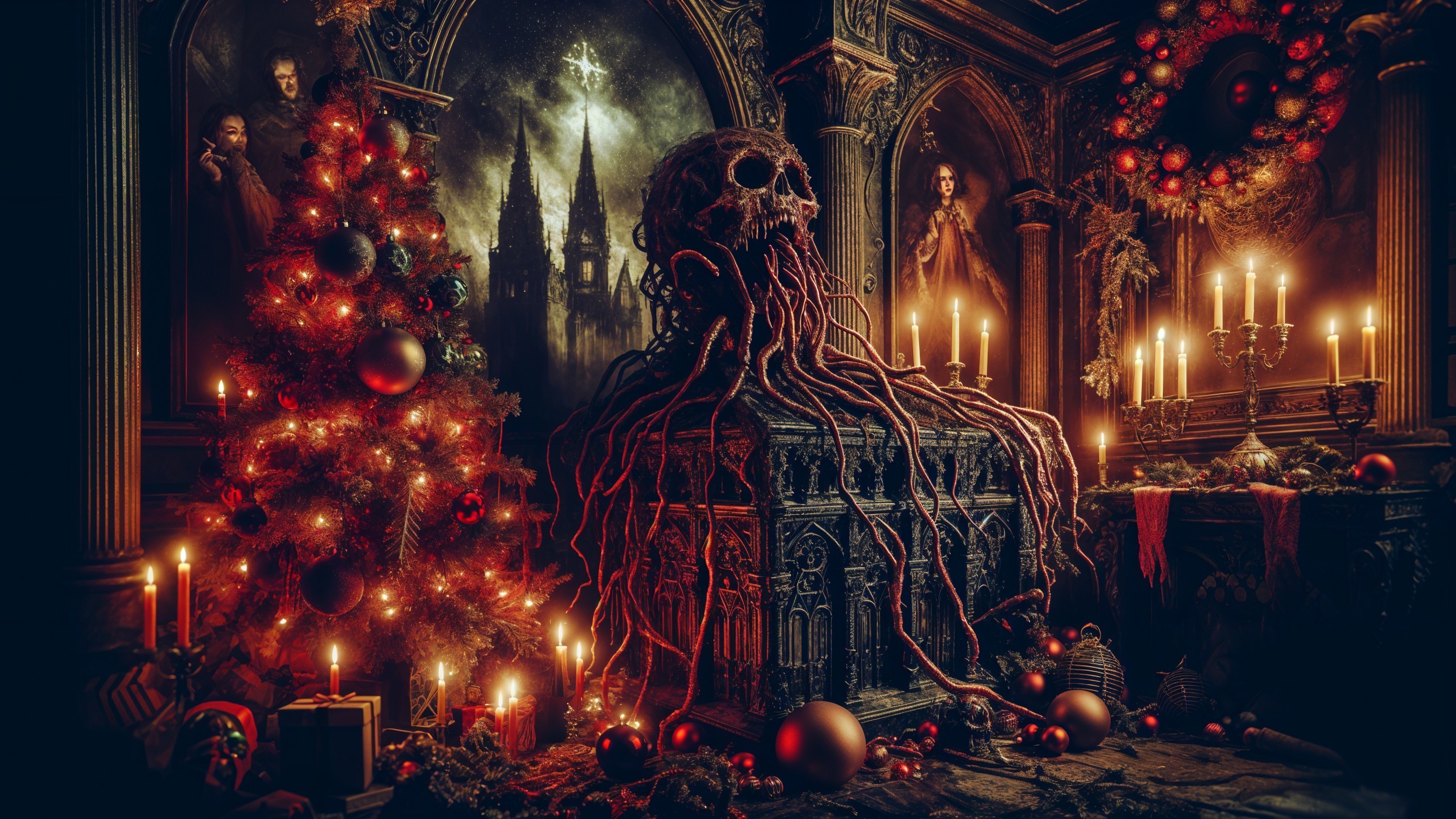 Sinister Figure Over Dark Altar in Ornate Room