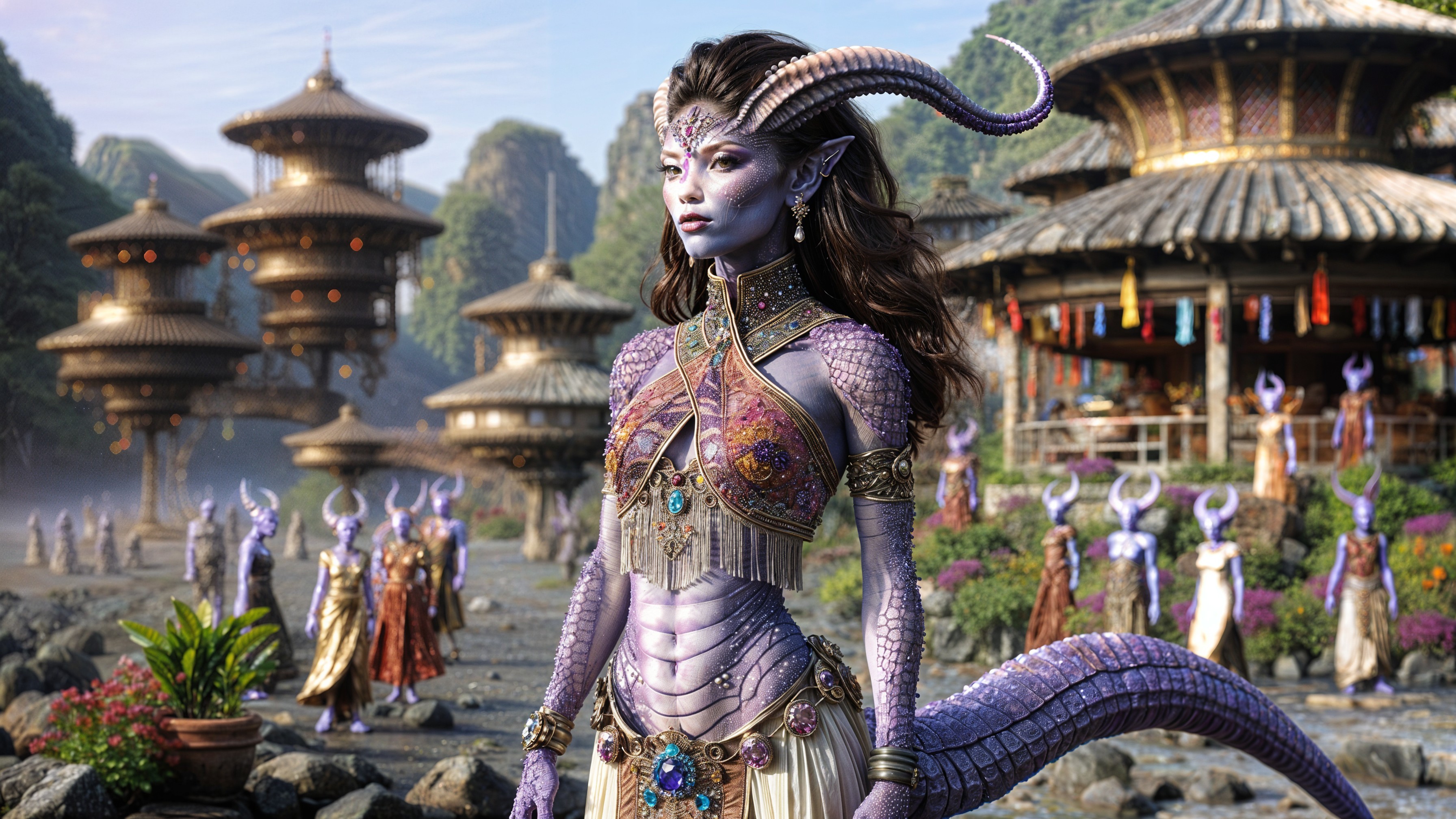 Majestic Figure in Purple Armor in Fantastical Landscape