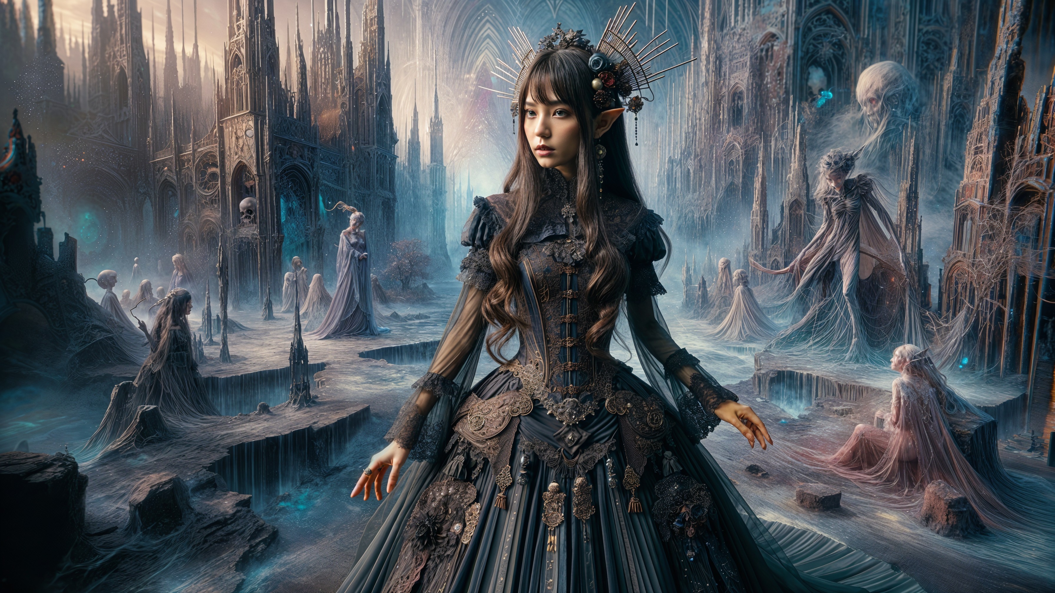 Mystical Scene of Elf-Like Woman in Gothic Landscape