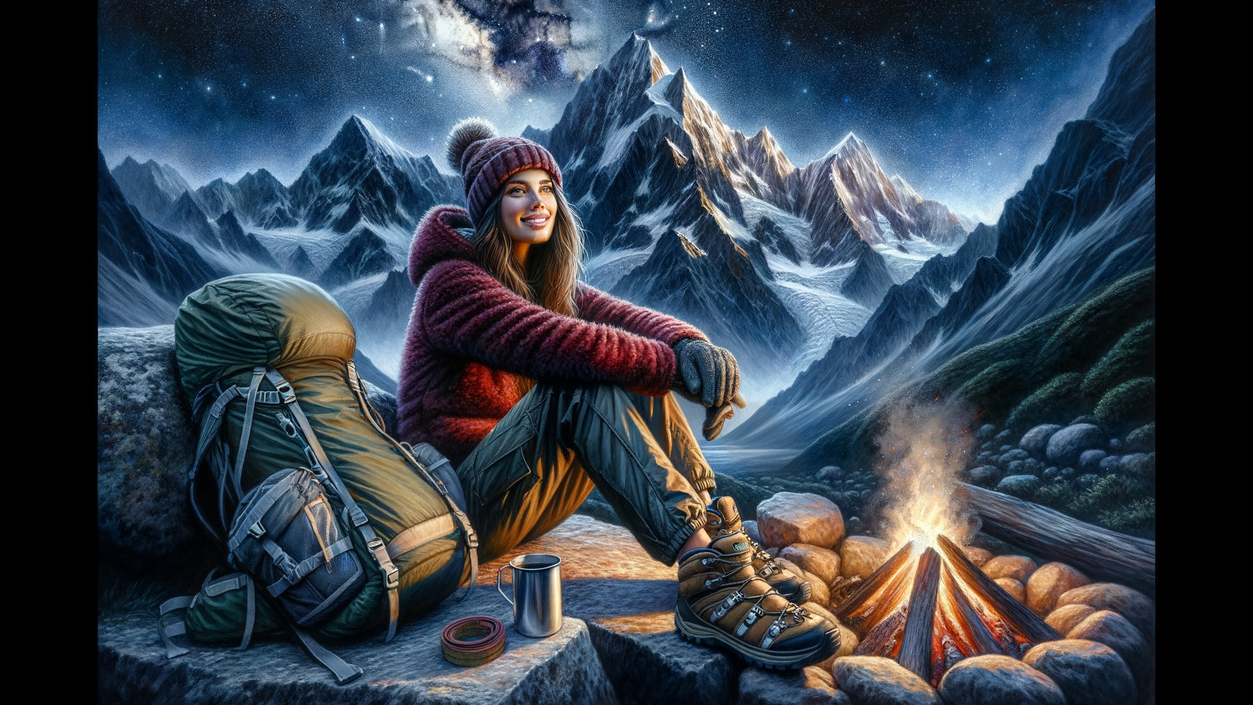 Cheerful woman by campfire in snowy mountains at night