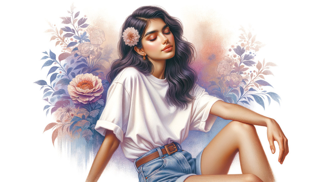 Young woman in floral setting with casual attire