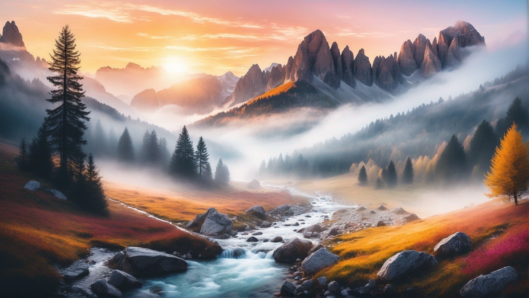 Majestic Sunrise Landscape with Mountains and River
